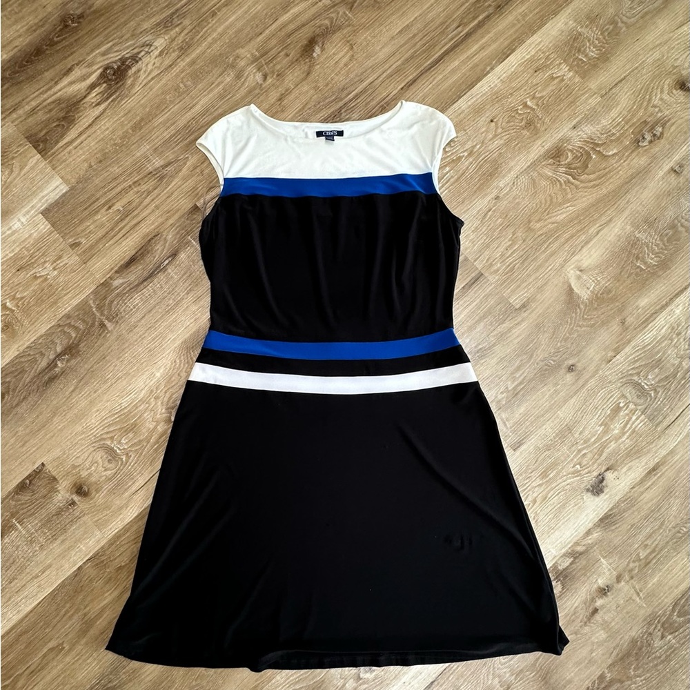 Chaps Black, White & Royal Blue Colorblock Cap-Sleeve Midi Dress